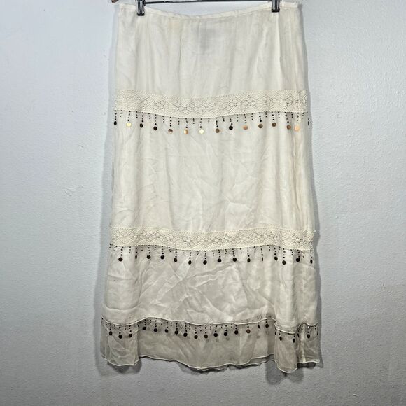 Spenser Jeremy Dresses & Skirts - Spenser Jeremy Maxi‎ Skirt Women L Ivory Silk Embroidery Elastic Waist Modest